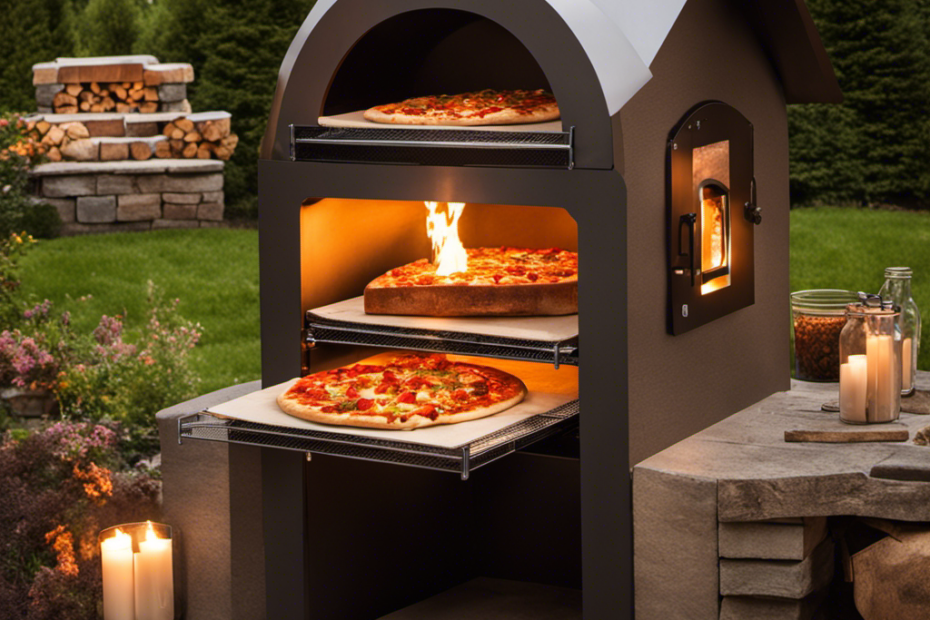 An image showcasing the step-by-step process of lighting a wood pellet pizza oven: hands holding a stack of kindling, placing it inside the oven, lighting a match, flames dancing, and the oven door closing