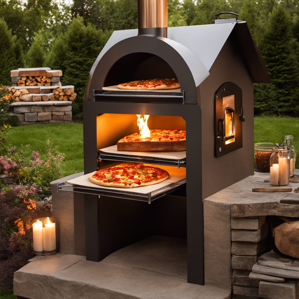 An image showcasing the step-by-step process of lighting a wood pellet pizza oven: hands holding a stack of kindling, placing it inside the oven, lighting a match, flames dancing, and the oven door closing