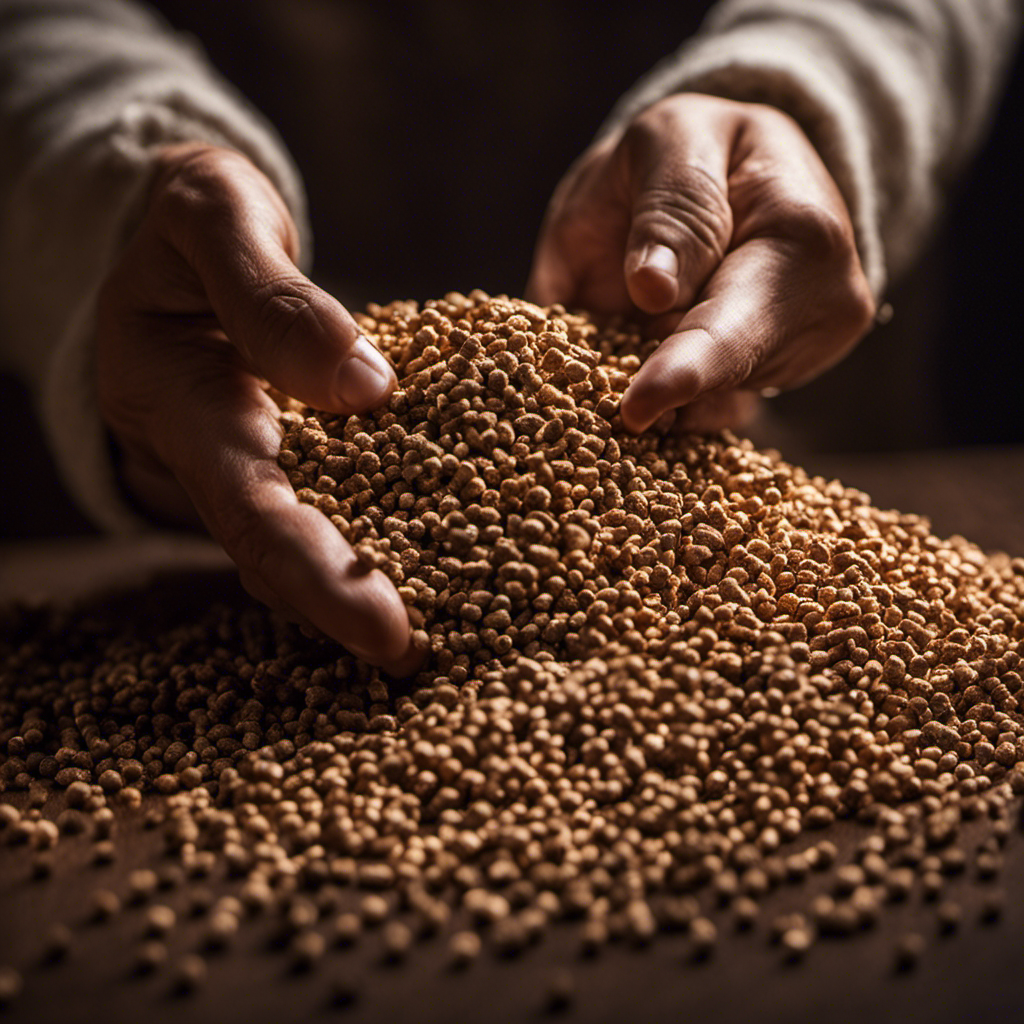 An image showcasing a close-up of a hand gracefully holding a long match, poised above a pile of meticulously stacked wood pellets