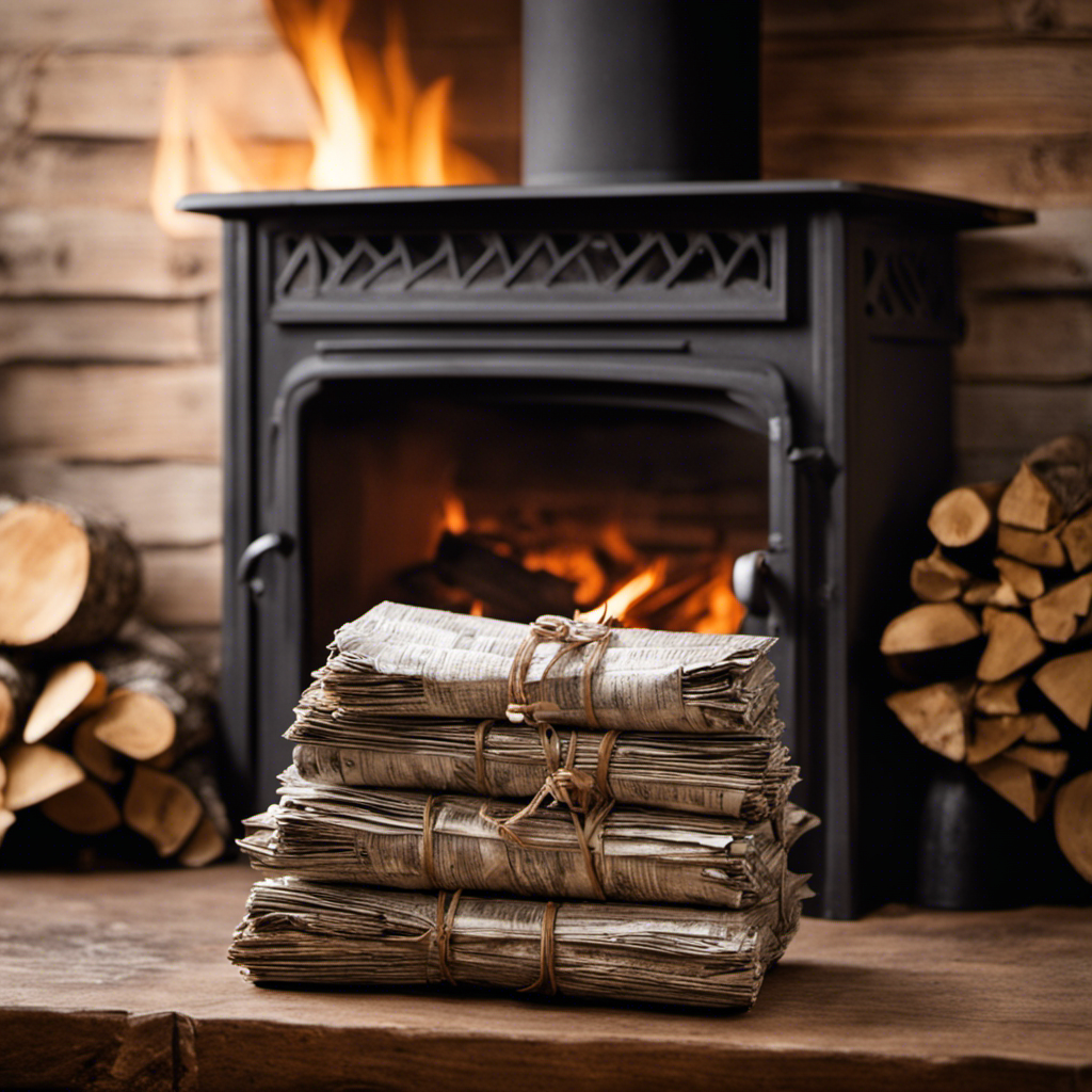 An image showcasing a pair of hands cradling a bundle of crinkled newspaper, gently tucking it beneath a meticulously stacked pyramid of kindling inside a rustic iron wood stove