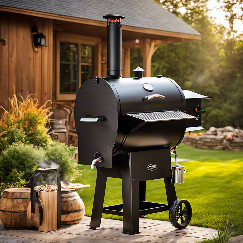 An image showcasing a wood pellet smoker filled with perfectly stacked wood pellets, emitting a steady stream of thick, flavorful smoke