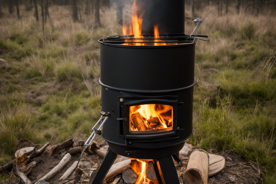 An image showcasing the step-by-step process of crafting a compact tent wood stove: starting with gathering materials like a metal barrel, cutting and welding it, adding a stovepipe, and finishing with a functional stove in a cozy tent setting