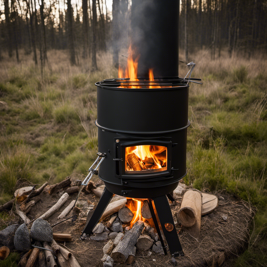 An image showcasing the step-by-step process of crafting a compact tent wood stove: starting with gathering materials like a metal barrel, cutting and welding it, adding a stovepipe, and finishing with a functional stove in a cozy tent setting