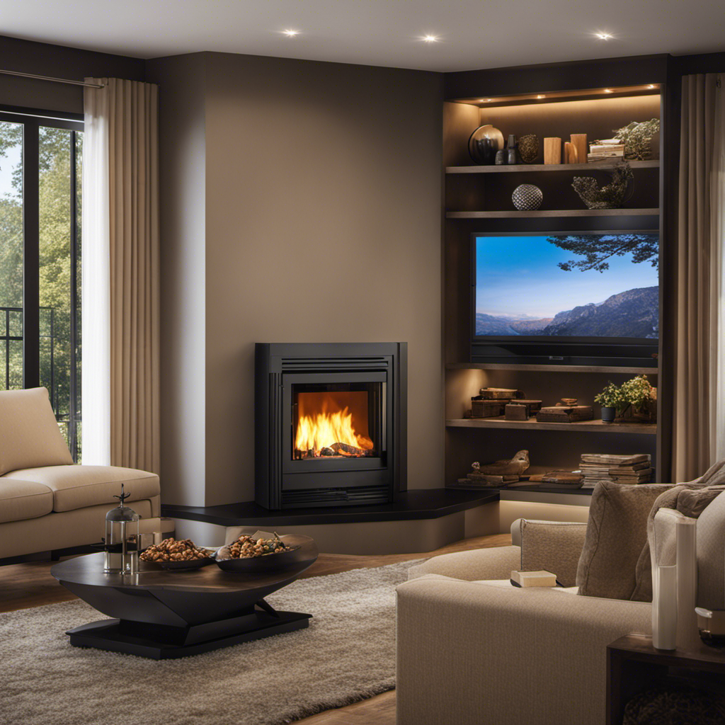 An image showcasing a cozy living room with a sleek, modern wood pellet fireplace