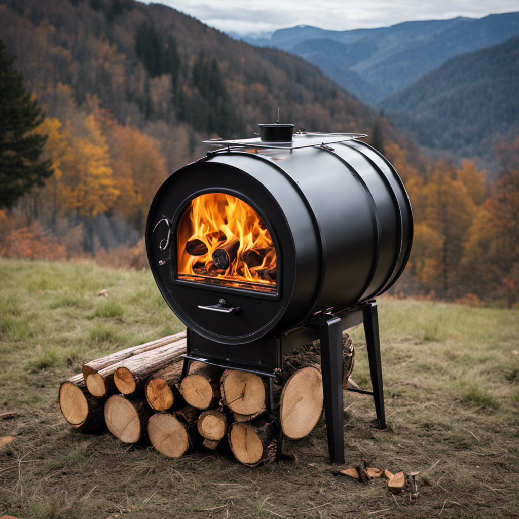 An image capturing the step-by-step process of constructing a temporary wood stove: a sturdy metal barrel, drilled with ventilation holes, fitted with a metal grate, surrounded by stacked firewood, and emanating a cozy warmth