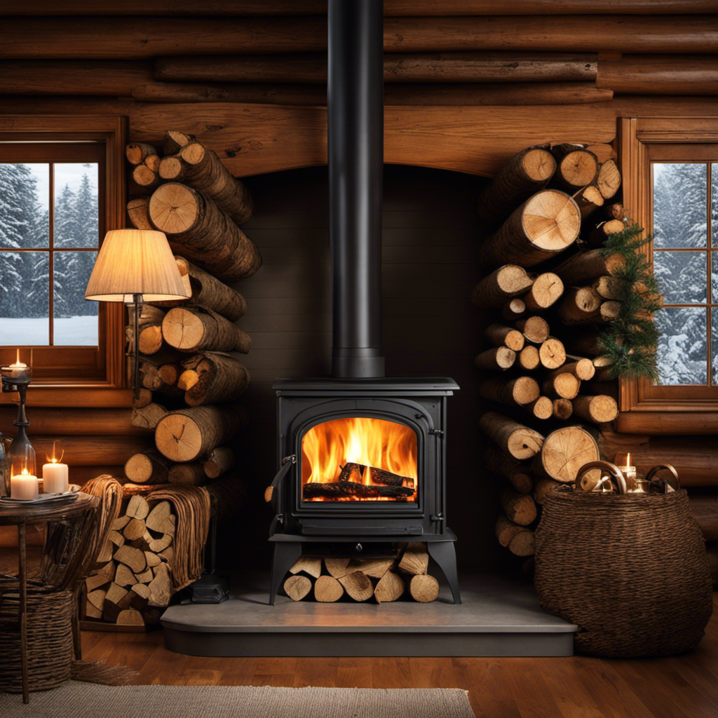 An image showcasing a cozy living room with a crackling wood stove