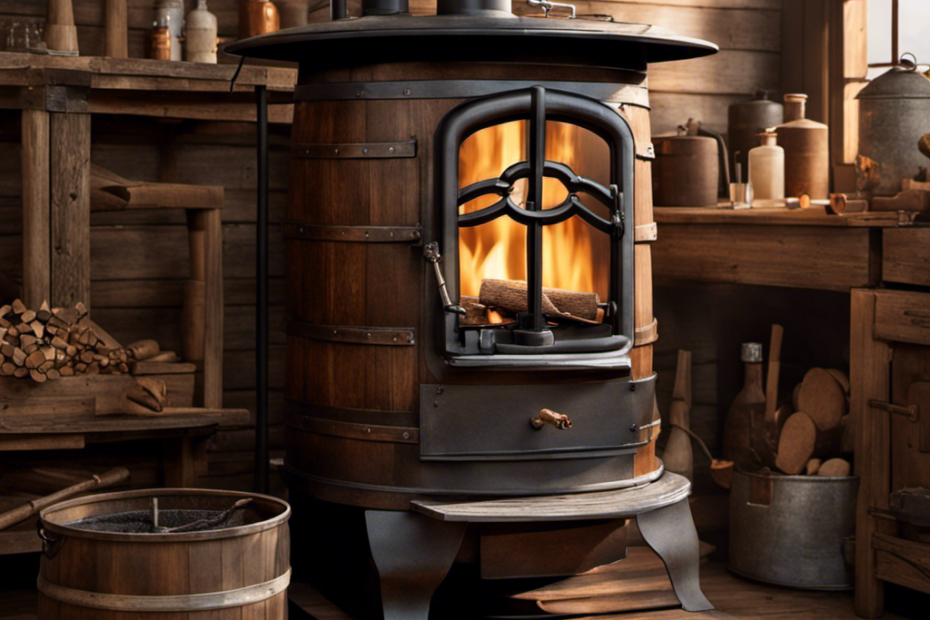 An image of a rustic workshop, bathed in warm afternoon light, showcasing a step-by-step process of transforming a weathered barrel into a functional wood stove, complete with intricate metalwork and a cozy fire crackling within