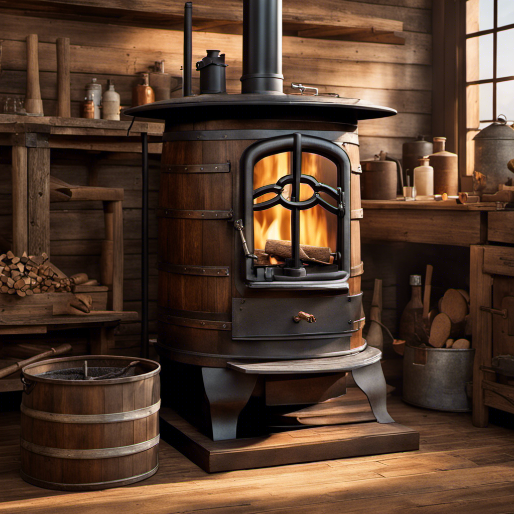 An image of a rustic workshop, bathed in warm afternoon light, showcasing a step-by-step process of transforming a weathered barrel into a functional wood stove, complete with intricate metalwork and a cozy fire crackling within