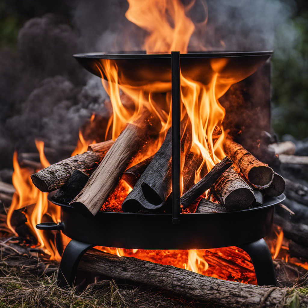 An image showcasing a close-up of a wood stove, emitting flickering flames and billowing smoke, as a pile of wood logs gradually turns into charred biochar