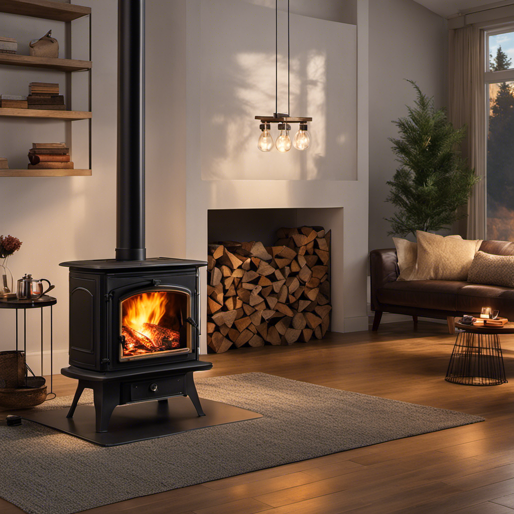 An image that captures the serene ambiance of a wood stove, with a bed of glowing embers and gently flickering flames subsiding into a peaceful dance, casting warm hues and delicate shadows in a cozy living room
