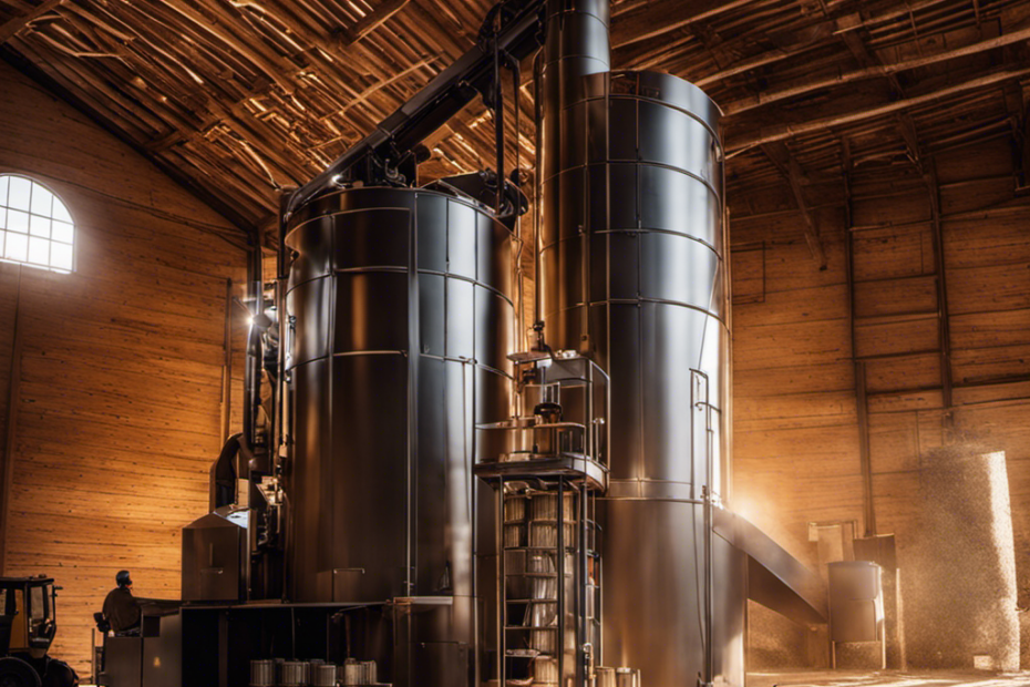 An image capturing the intricate process of making wood pellets: a towering industrial machine compressing finely ground sawdust, the resulting cylindrical pellets cascading into a bin, while sunlight filters through a nearby window