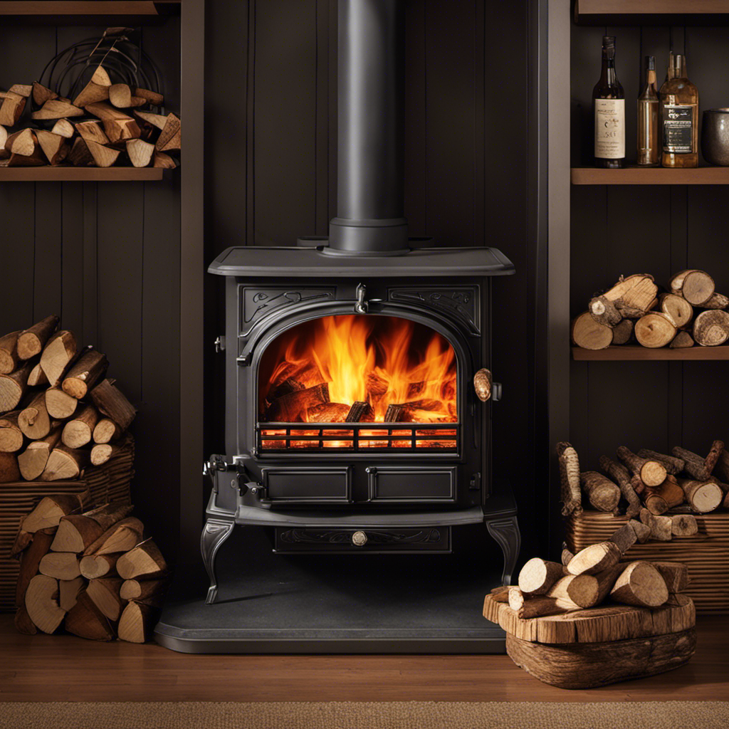 An image depicting a roaring wood stove nestled in a cozy living room