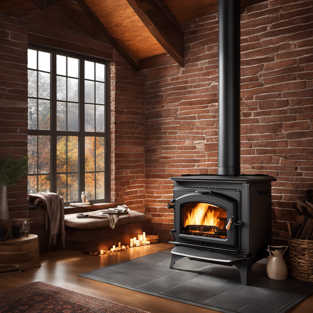 An image showcasing a close-up of a wood stove, surrounded by a well-insulated brick wall, with a glass door revealing a bright and roaring fire, while thick smoke effortlessly escapes through a straight and clean chimney
