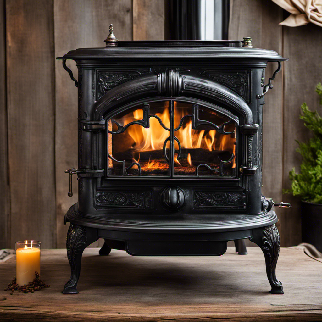 An image showcasing a weathered, vintage wood stove transformed into a stunning centerpiece