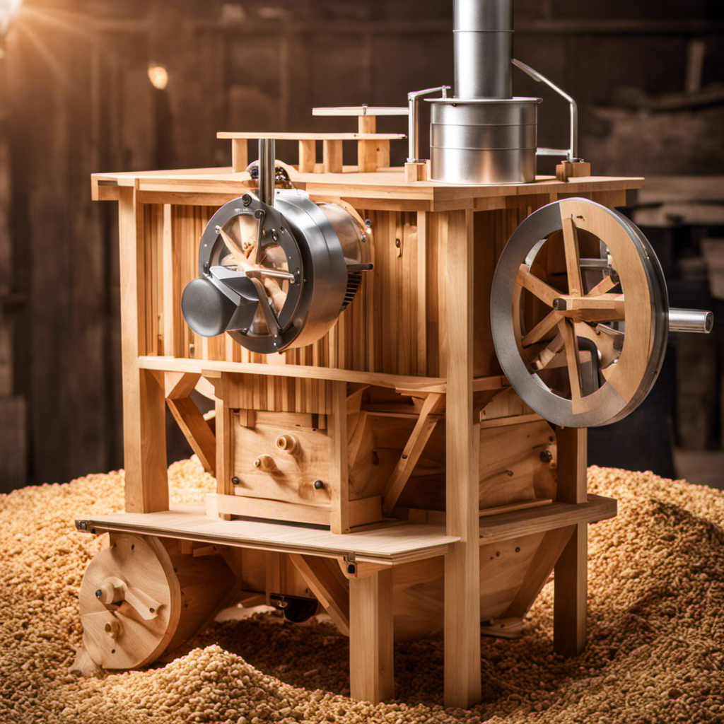 An image showcasing a DIY wood pellet mill: A sturdy wooden structure with rotating gears and a funnel on top, surrounded by piles of sawdust and bags of finished pellets, emanating a warm, eco-friendly vibe