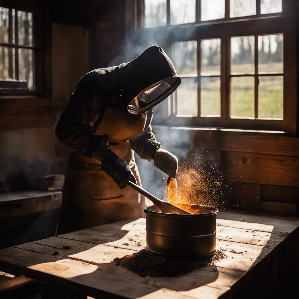 An image showing a person wearing protective gloves and a mask, gently scooping cooled wood stove ash with a metal shovel into a sealed metal container, with sunlight streaming through a nearby window