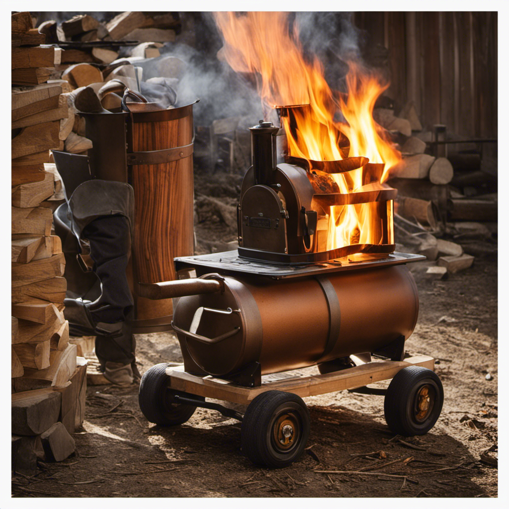 An image showcasing a determined person wearing heavy-duty gloves and protective gear, using a sturdy dolly to carefully transport a heavy wood stove down a flight of stairs, demonstrating the step-by-step process of moving a wood stove solo