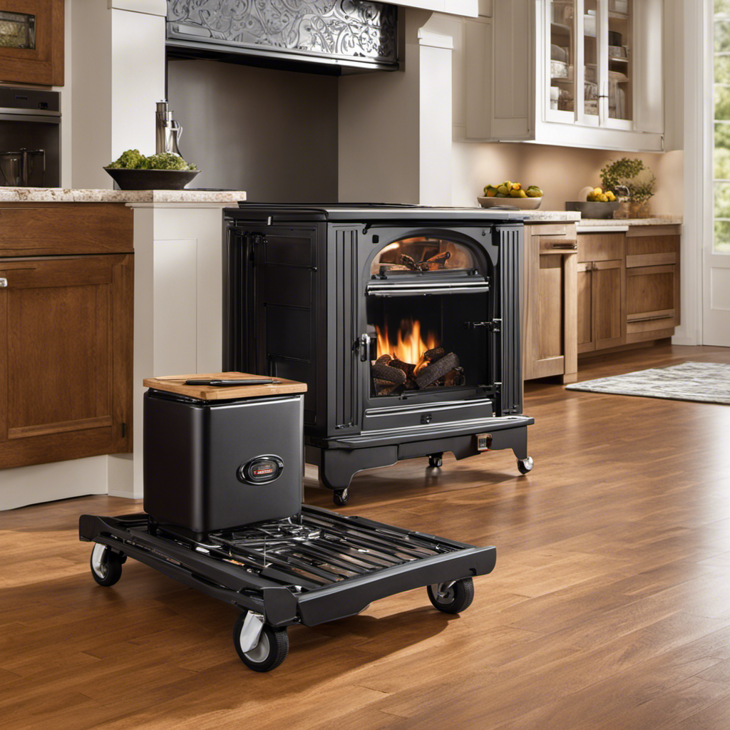 An image showcasing a sturdy appliance dolly with a wood stove securely strapped to it