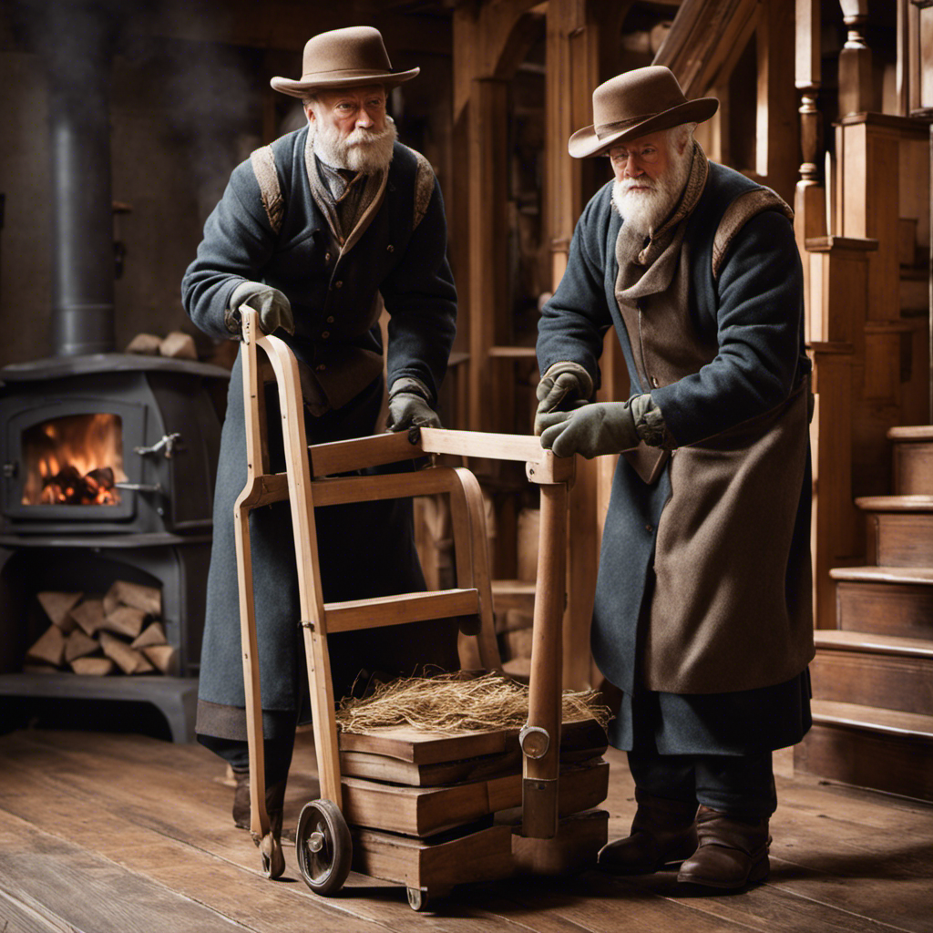An image of two sturdy individuals wearing thick gloves and using a hand truck to carefully maneuver a heavy wood stove down a flight of stairs, showcasing their coordinated effort and focused expressions