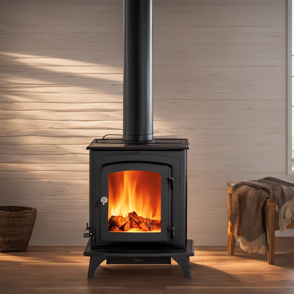 An image showcasing a close-up of a wood stove with a vibrant orange flame burning inside