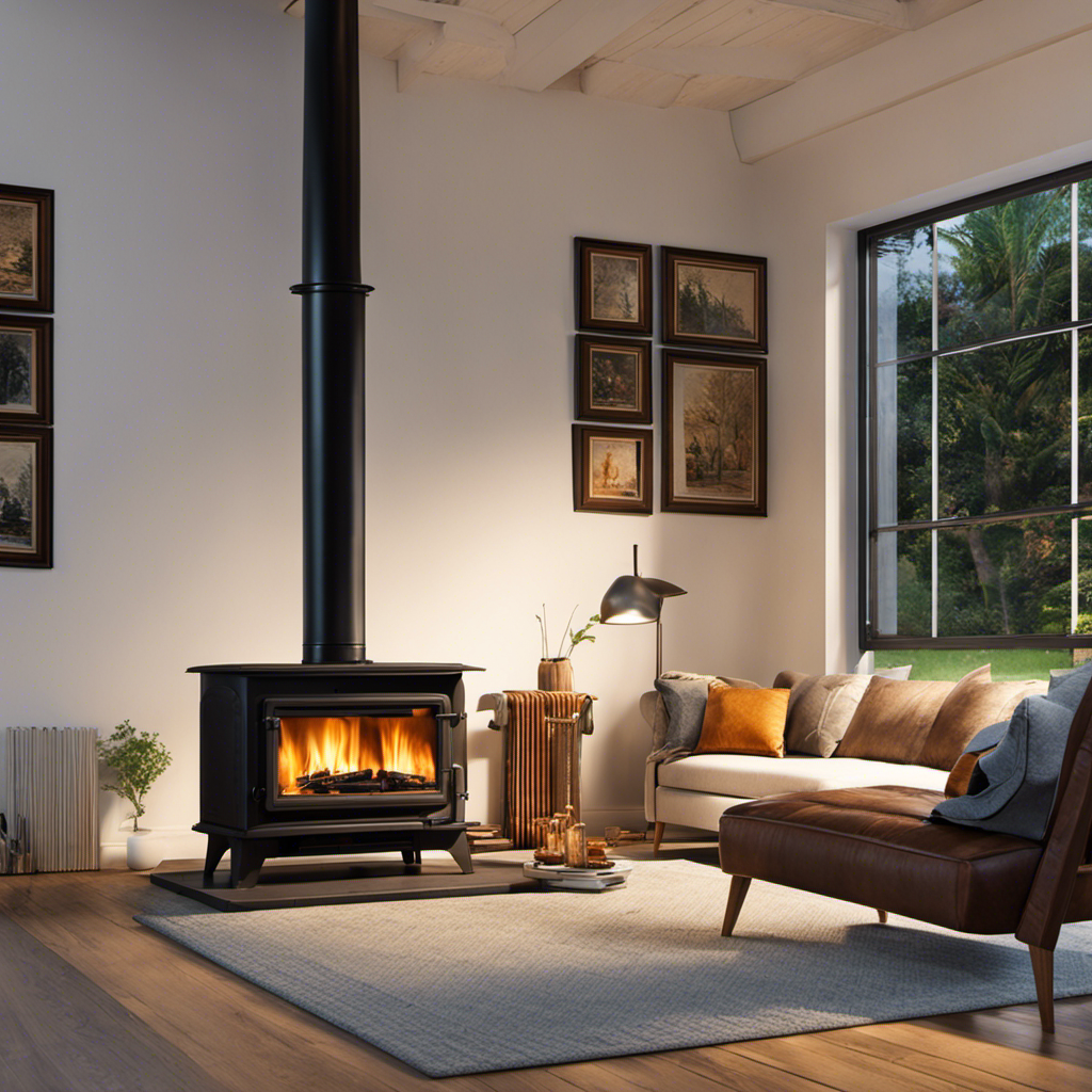 An image depicting a cozy living room with a wood stove as the focal point