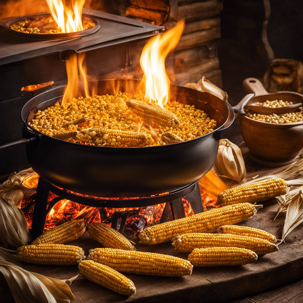 An image capturing the process of expertly roasting corn on a wood pellet stove, showcasing the golden-brown husks sizzling over crackling flames, while a pair of tongs gently turn the cobs to perfection