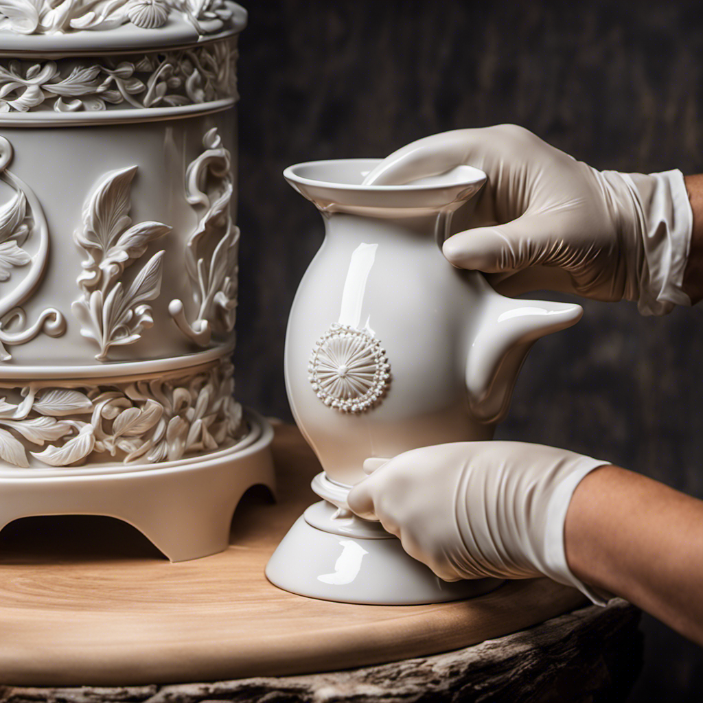 An image showcasing a pair of gloved hands delicately applying a smooth, glossy porcelain coating onto the surface of a beautifully crafted wood stove