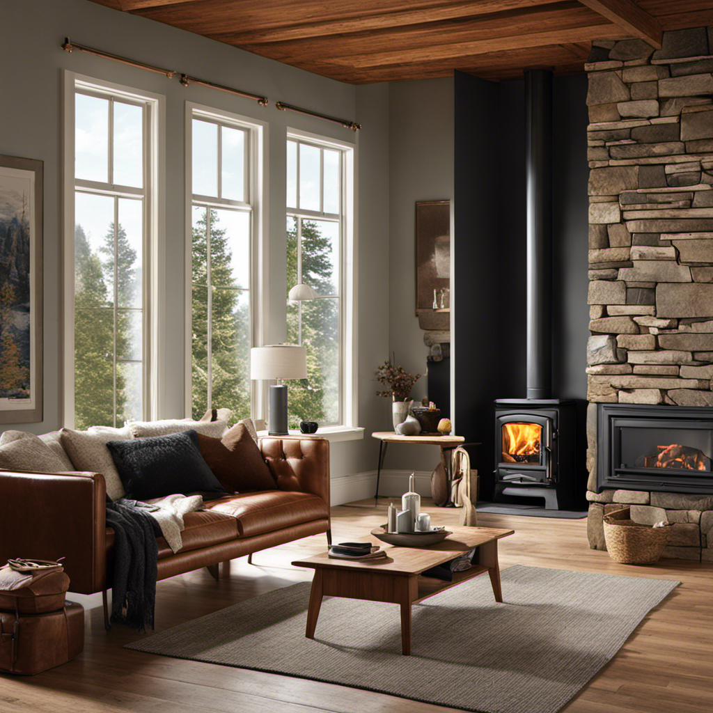 An image of a well-ventilated room with a properly installed wood stove, showcasing a clear chimney, sealed joints, and a functional carbon monoxide detector, ensuring safety and prevention of carbon monoxide hazards