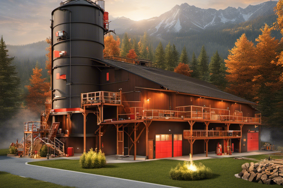 An image depicting a well-maintained wood pellet plant surrounded by a sturdy fireproof barrier, equipped with strategically placed fire extinguishers, smoke detectors, and sprinkler systems, ensuring maximum protection against potential fires