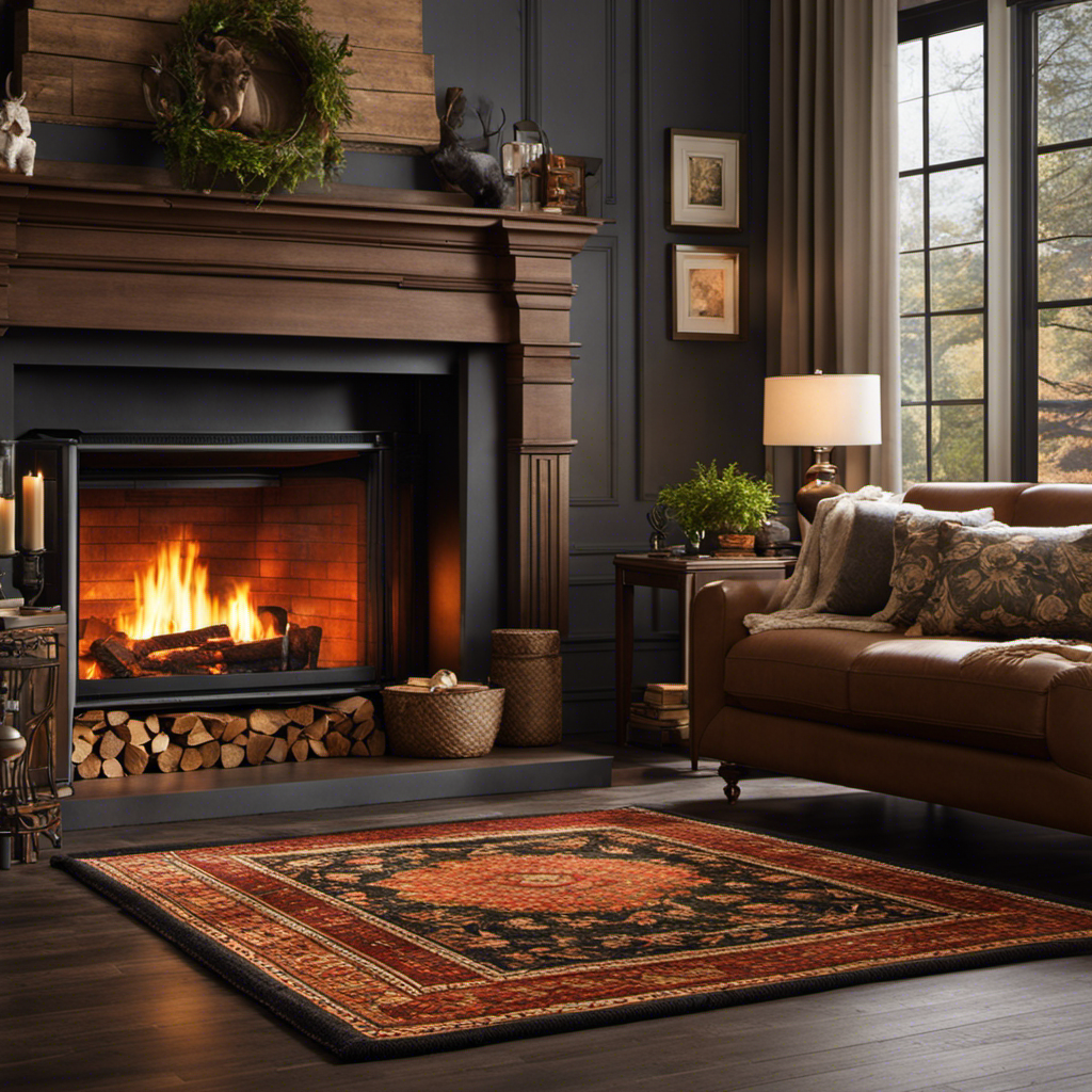 An image capturing a cozy living room scene with a wood stove as its focal point