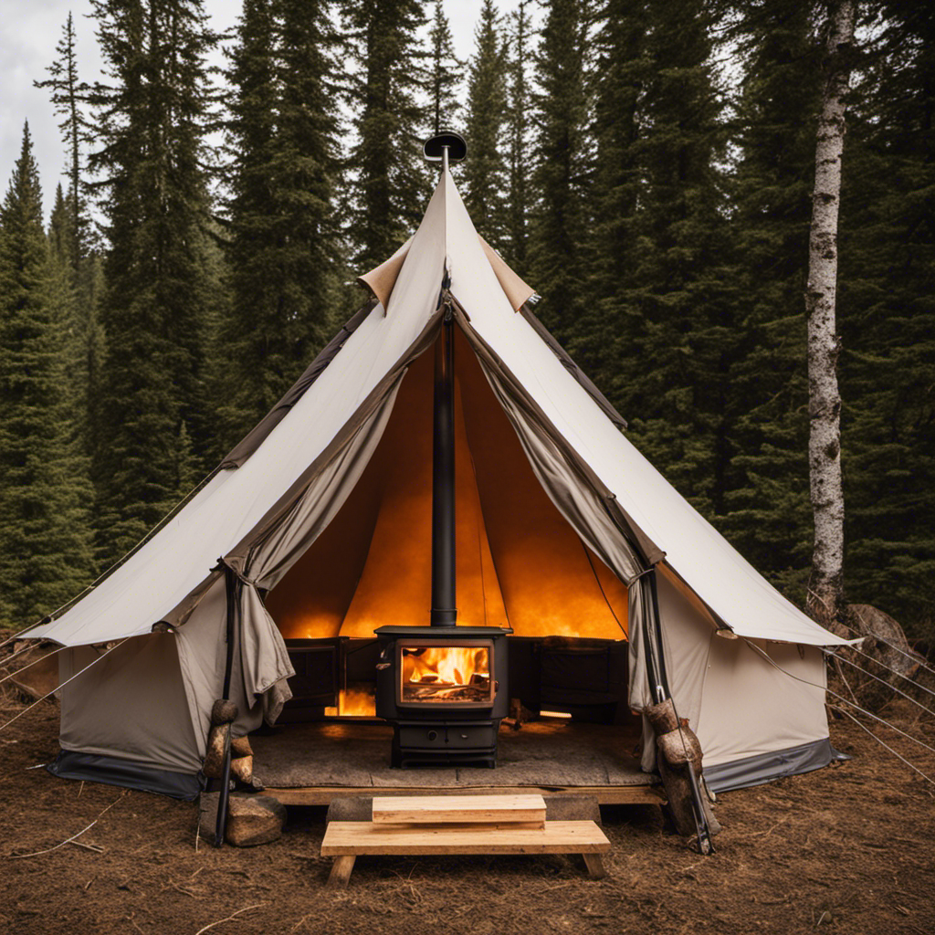 An image showcasing the step-by-step process of installing a wood stove in a tent: a sturdy canvas tent, a metal stovepipe extending through the tent's roof, and a crackling fire inside, radiating warmth into the wilderness