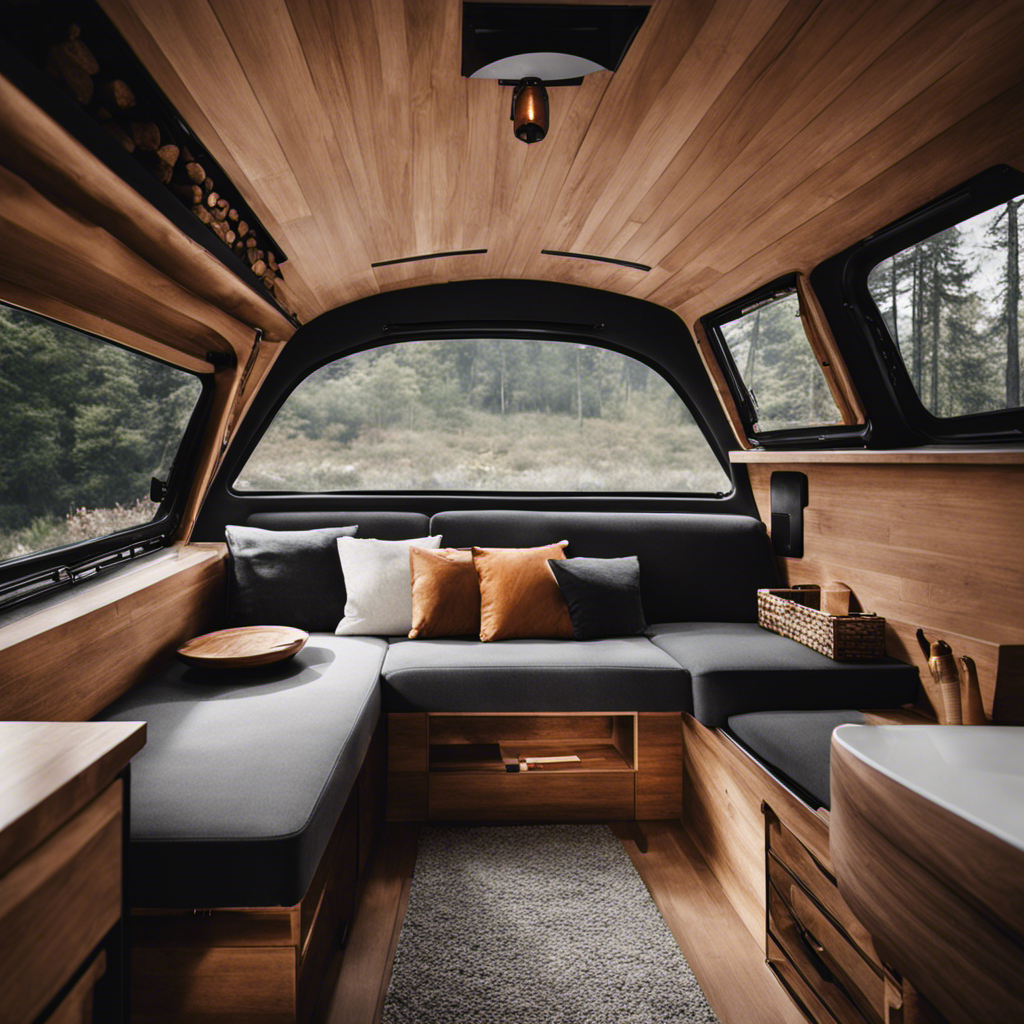 An image showcasing a van's interior with a meticulously installed wood stove