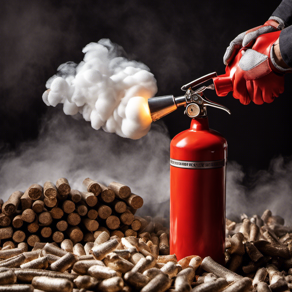 An image capturing a pair of sturdy, heat-resistant gloves gripping a silver fire extinguisher nozzle, poised to release a powerful stream of white foam onto a towering inferno engulfing a wooden silo filled with blazing wood pellets