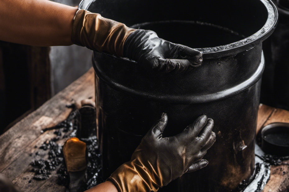 An image showing a close-up of a gloved hand gently scrubbing the black, tar-like creosote buildup from the interior of a wood stove, with a soft brush and a bucket of soapy water nearby