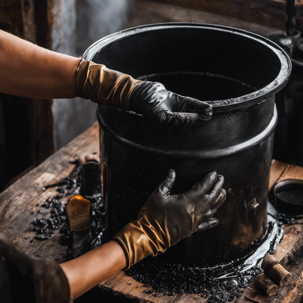 An image showing a close-up of a gloved hand gently scrubbing the black, tar-like creosote buildup from the interior of a wood stove, with a soft brush and a bucket of soapy water nearby