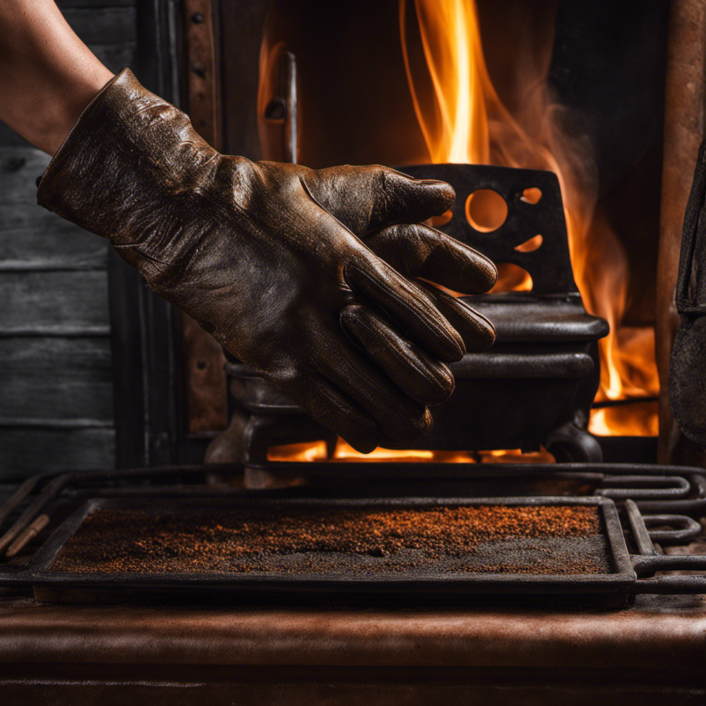 An image showcasing a pair of gloved hands delicately scrubbing away rust from a cast iron wood stove