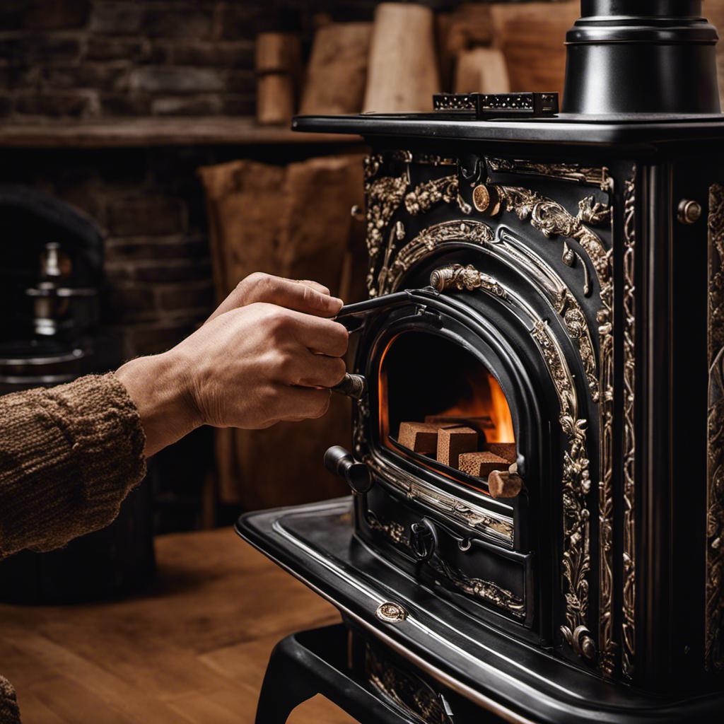 An image showcasing a close-up of hands wearing gloves carefully detaching the intricate piping system from a wood pellet stove, revealing the step-by-step process of removing each component