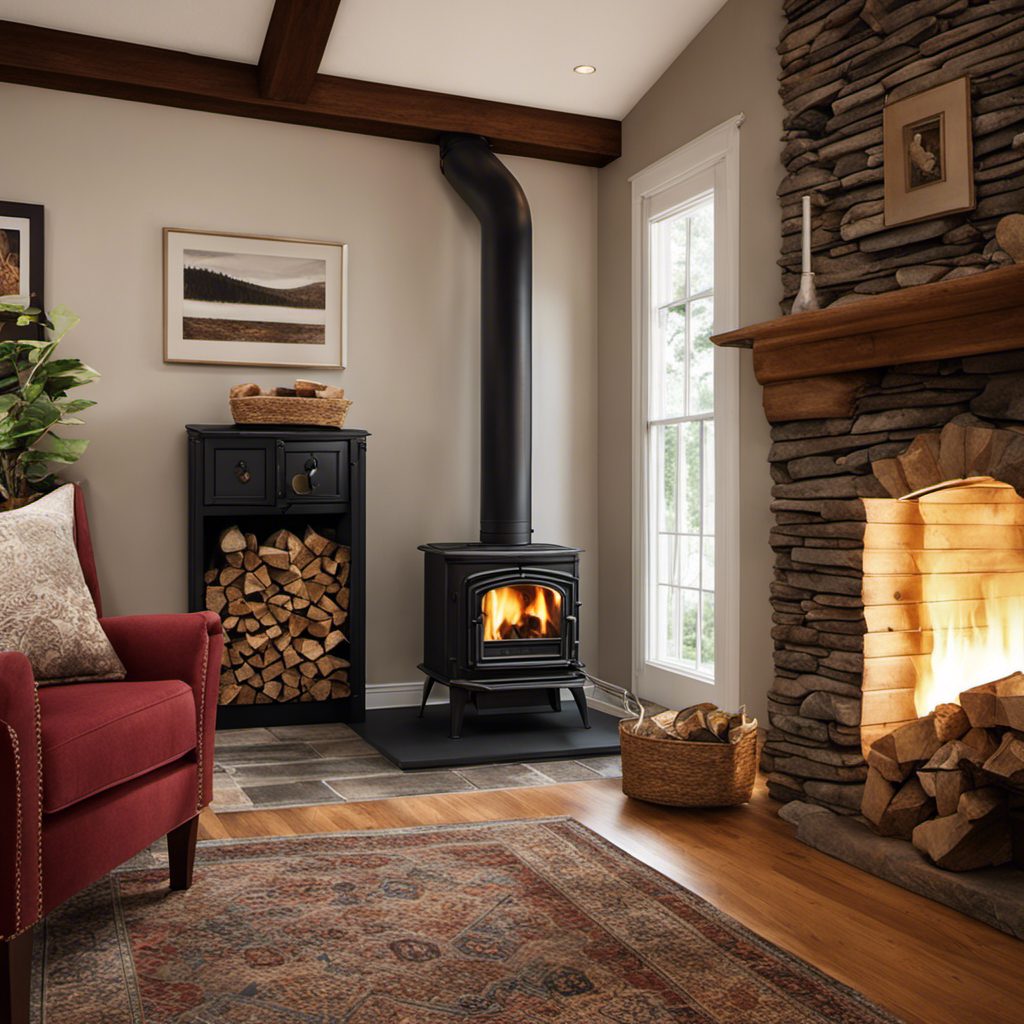 An image showcasing a cozy living room with a pellet stove being carefully removed and replaced with a beautiful wood stove