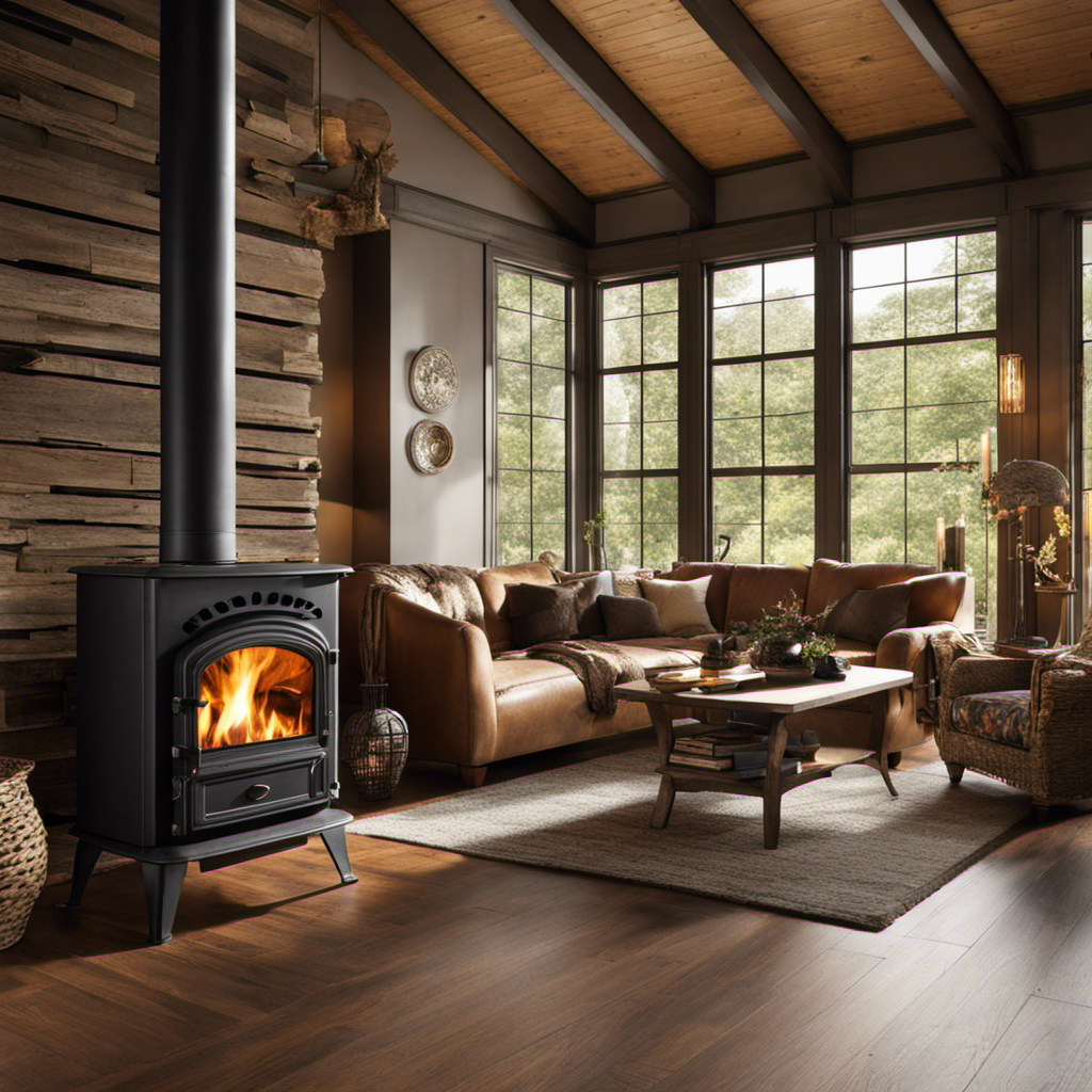An image of a spacious living room adorned with a rustic wood stove, its dancing flames casting a warm glow across the room, as a skilled individual swaps out a pellet stove for a charming wood stove
