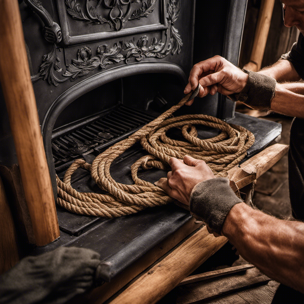 An image showcasing a pair of gloved hands carefully removing the old worn-out rope gasket from a wood stove door, while another set of hands is seen installing a fresh, neatly woven rope gasket using a specialized tool