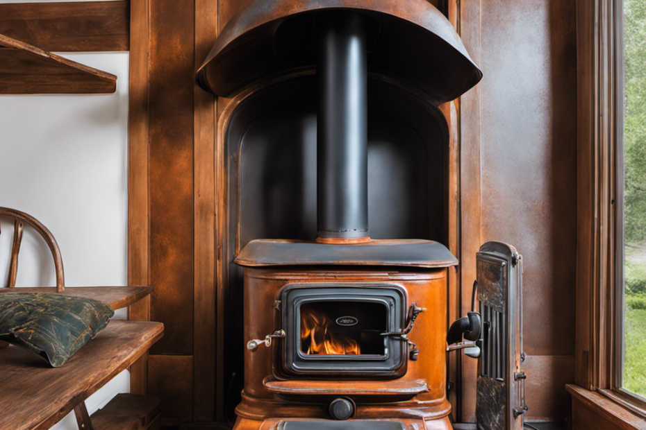 An image showcasing a weathered vintage wood stove covered in rust, with carefully applied sanding, polishing, and re-painting bringing it back to its former glory