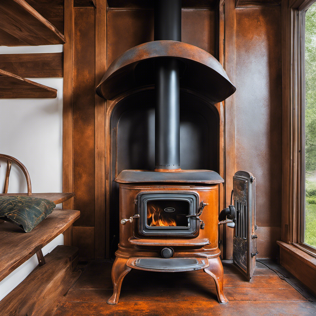 An image showcasing a weathered vintage wood stove covered in rust, with carefully applied sanding, polishing, and re-painting bringing it back to its former glory