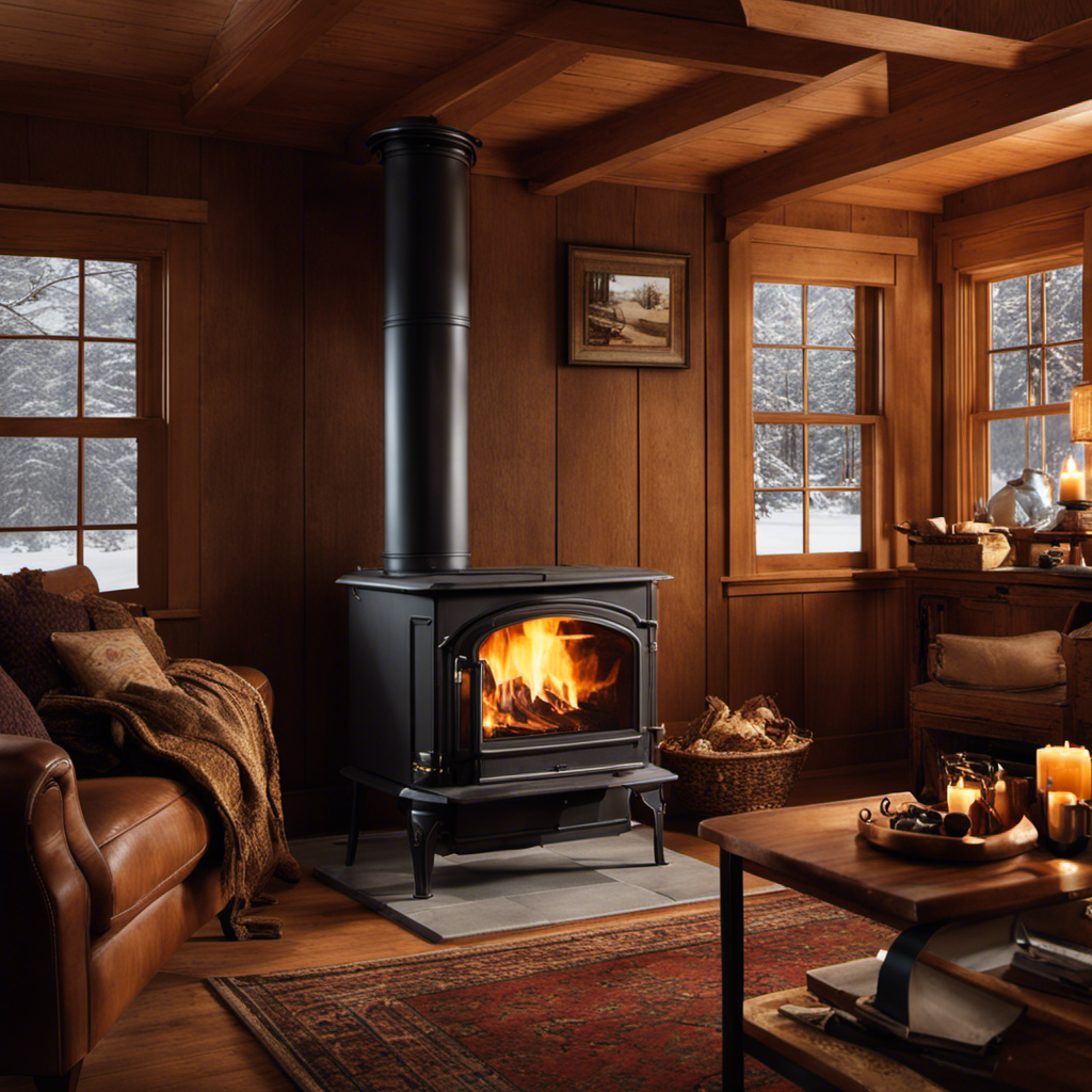 An image showcasing a cozy living room with a roaring Warner wood stove at its center