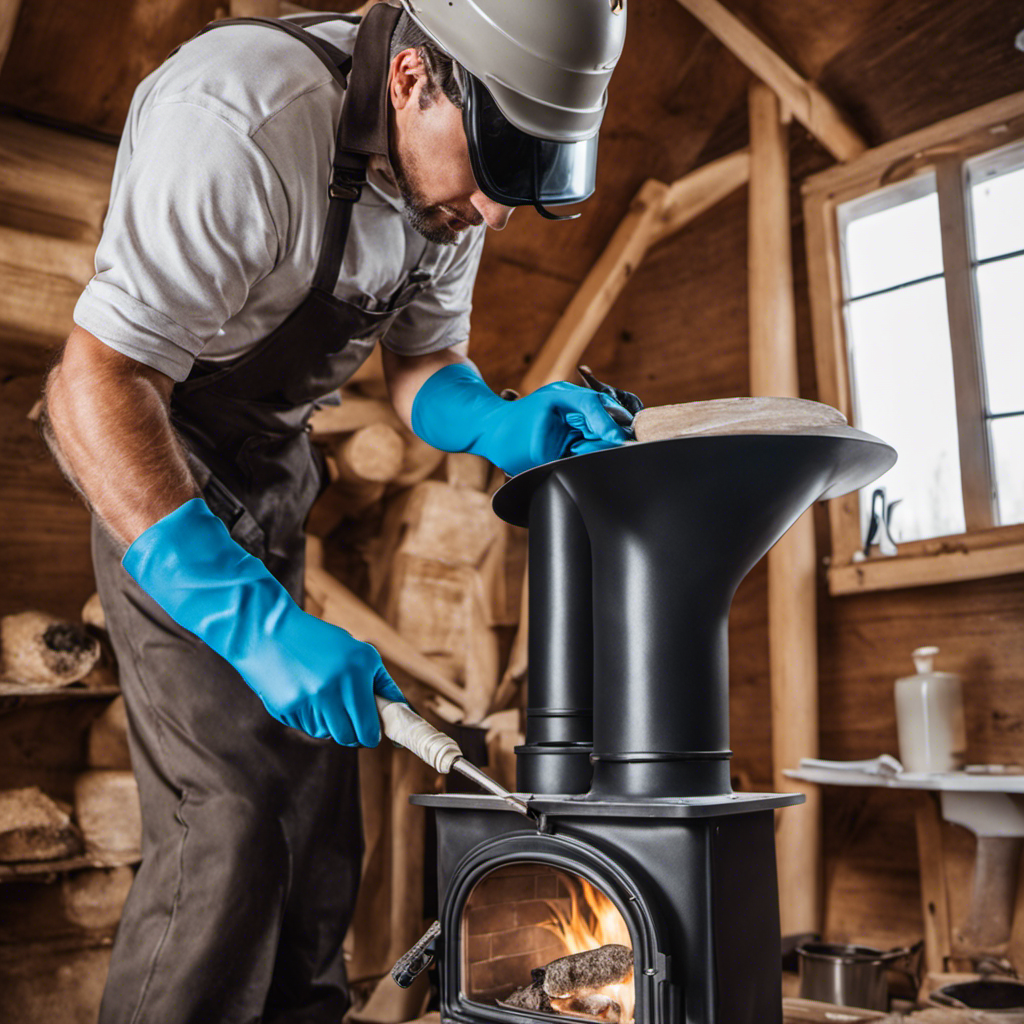 An image capturing a close-up view of hands wearing gloves, skillfully applying high-temperature silicone sealant to the seams of a wood stove pipe, ensuring a tight and secure seal