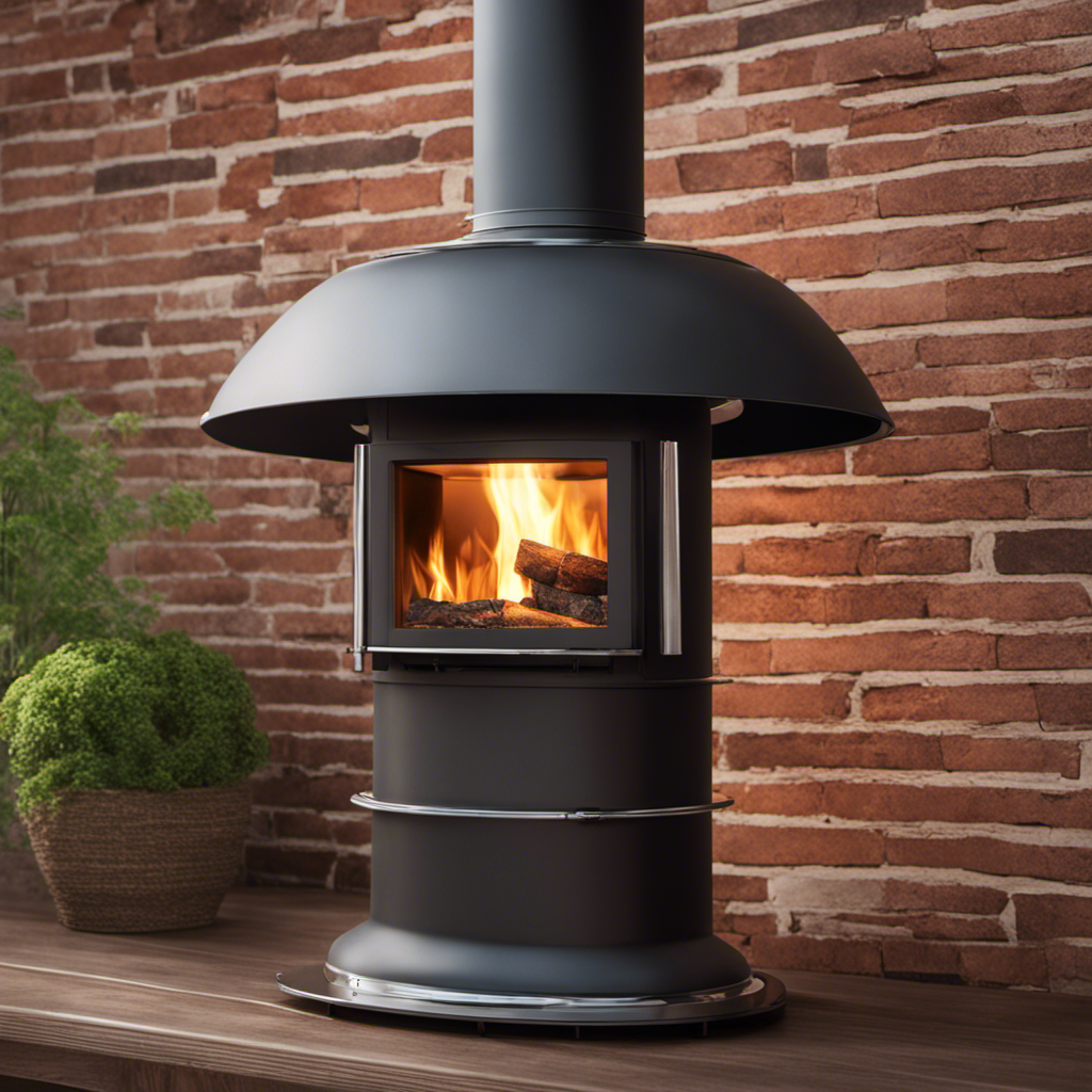An image depicting a sturdy metal chimney cap securely fastened on top of a brick chimney, with a double-wall stainless steel pipe connected to a wood stove inside a cozy living room