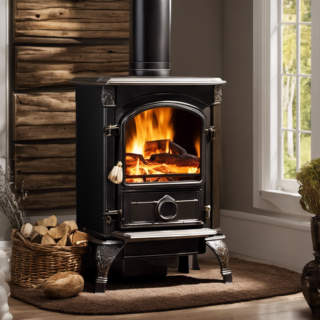 An image showcasing a cozy living room with a rustic wood stove as the focal point