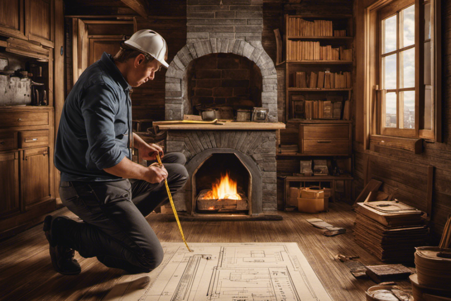 An image depicting a person measuring the dimensions of a room, marking the floor with chalk, and outlining a wood stove