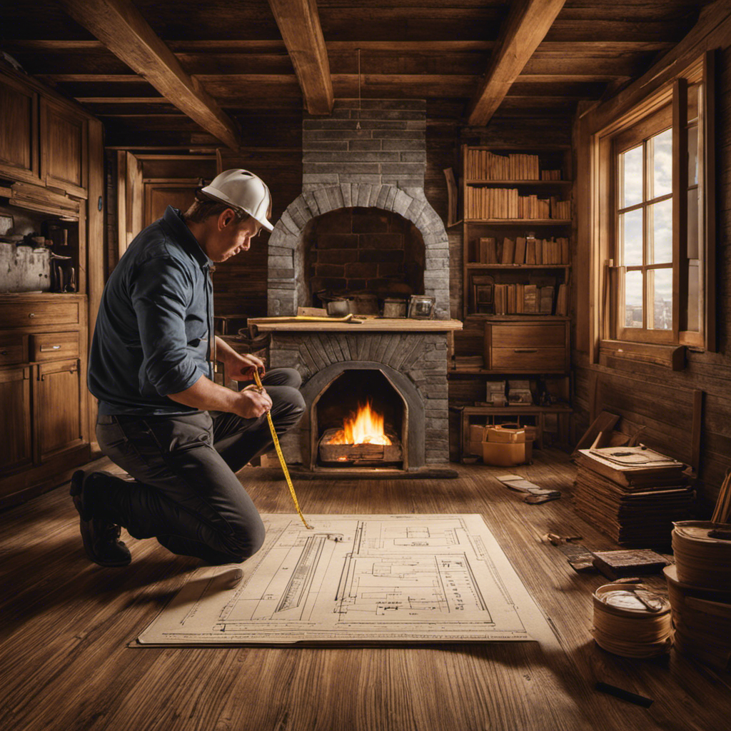 An image depicting a person measuring the dimensions of a room, marking the floor with chalk, and outlining a wood stove