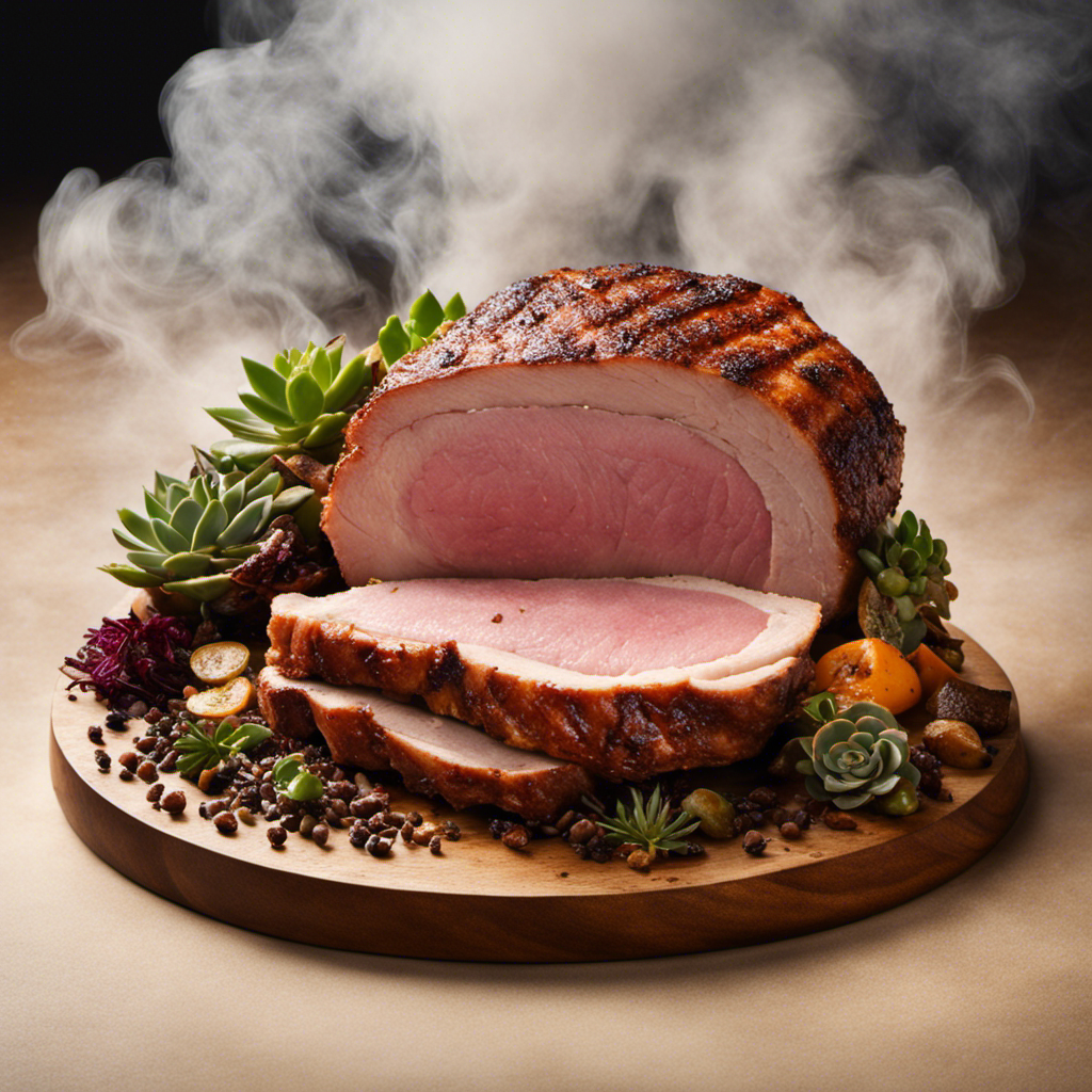 An image that showcases a succulent pork loin placed on a wood pellet grill, surrounded by billowing smoke