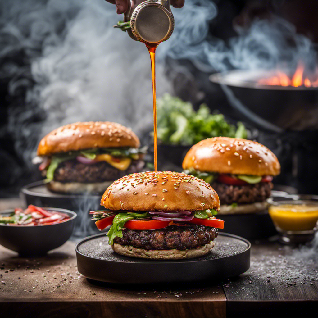 An image showcasing a succulent burger sizzling on a wood pellet grill, surrounded by billowing smoke
